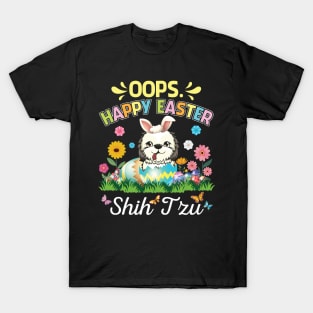 Shih Tzu Dog Bunny Costume Playing Flower Eggs Happy Easter T-Shirt